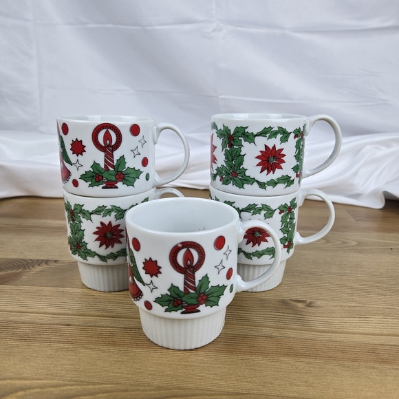 Vintage 1970s Trimont Ware Japan Stacking Mugs Cups Christmas Holiday Set of 5 - Picture 2 of 11